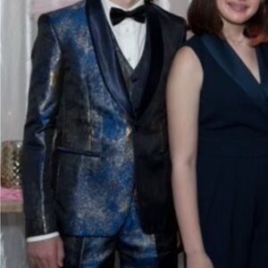 Boys Gold and Blue Tuxedo Suit Blazer, Vest, Pants, bowtie size 14 by SWATGdoby